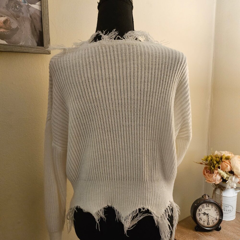 White Distressed Knit Sweater with Frayed Edges - Picture 2 of 2